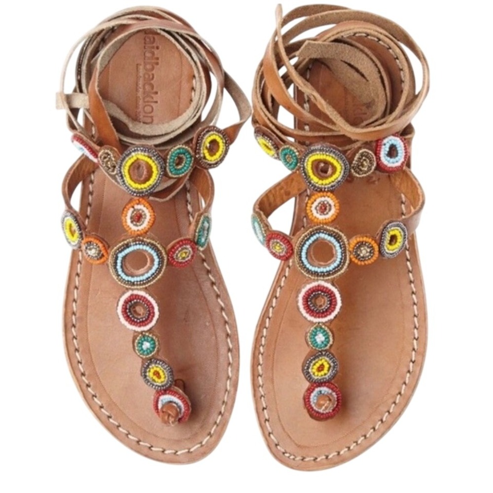 Laidback London Beaded Leather Lace Up Sandals Brown Size EU 38 US 7